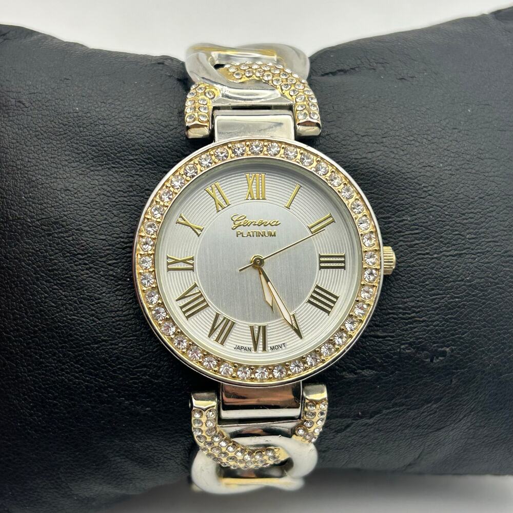 Geneva Platinum Women's Two-Tone Rhinestone Bezel Bangle Watch New Battery